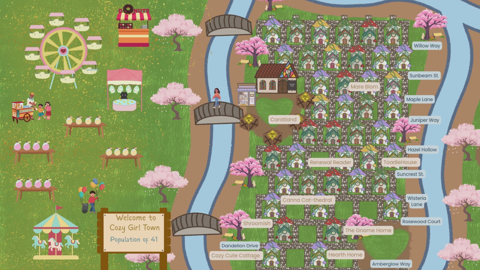 Load video: A hand-drawn map of the town with cobblestone streets, mushroom houses, and floating names of the house