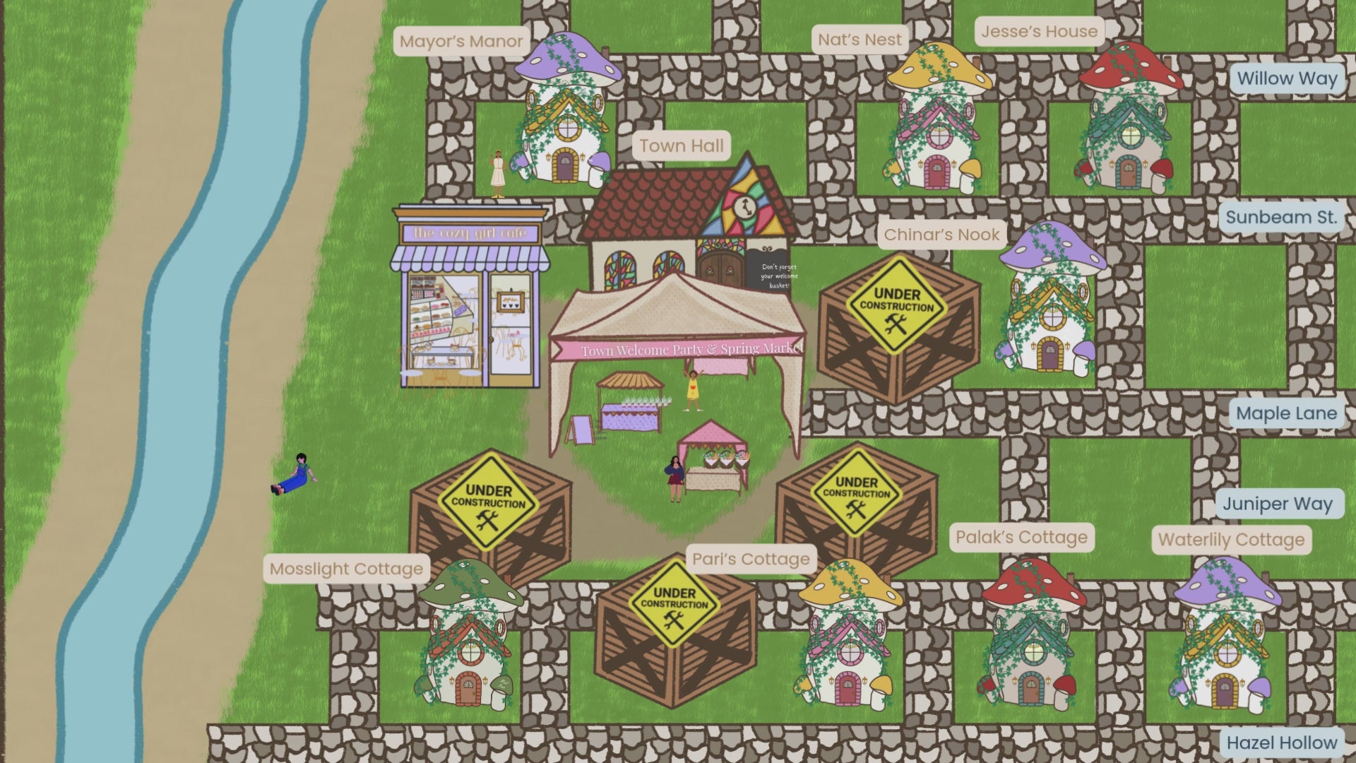 Load video: A hand-drawn map of the town with cobblestone streets, mushroom houses, and floating names of the house